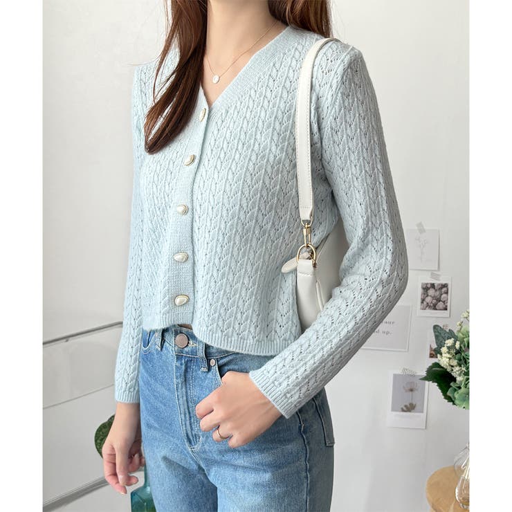 Vネック透かし編みニットカーディガン レディース 長袖 | Amulet | 詳細画像13 