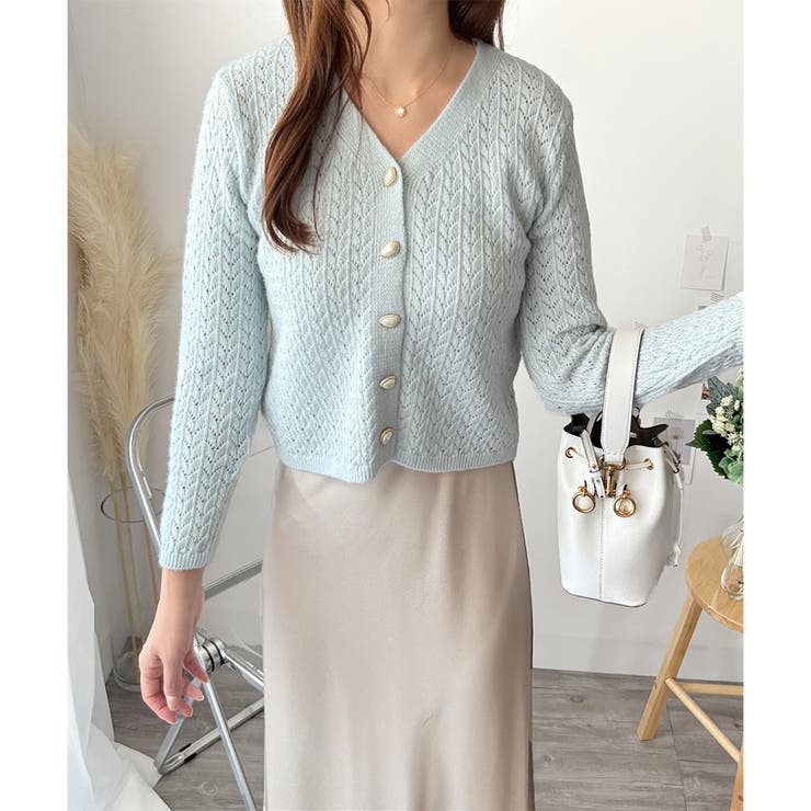 Vネック透かし編みニットカーディガン レディース 長袖 | Amulet | 詳細画像16 