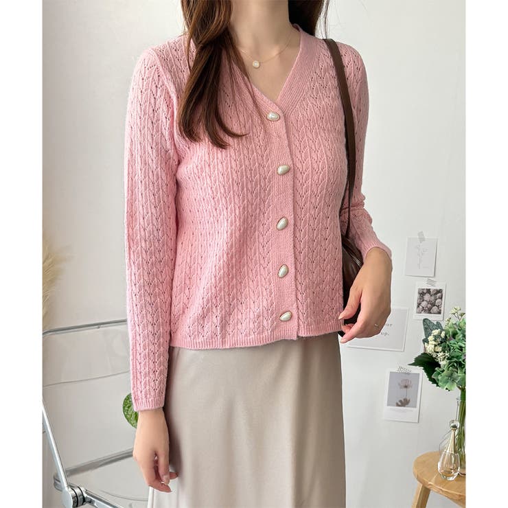 Vネック透かし編みニットカーディガン レディース 長袖 | Amulet | 詳細画像19 