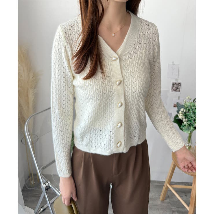 Vネック透かし編みニットカーディガン レディース 長袖 | Amulet | 詳細画像2 