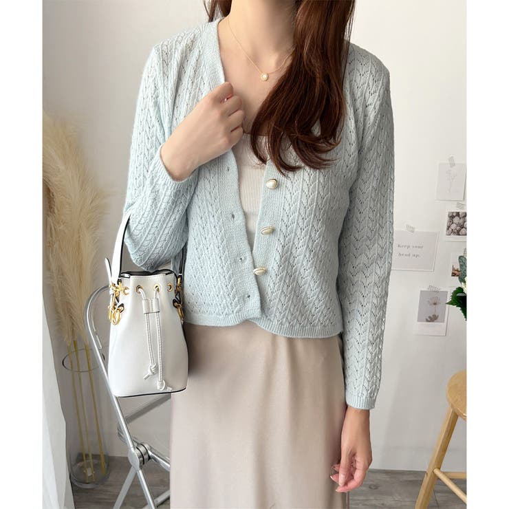 Vネック透かし編みニットカーディガン レディース 長袖 | Amulet | 詳細画像3 