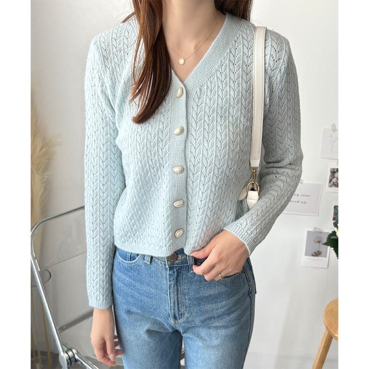 Vネック透かし編みニットカーディガン レディース 長袖 | Amulet | 詳細画像7 