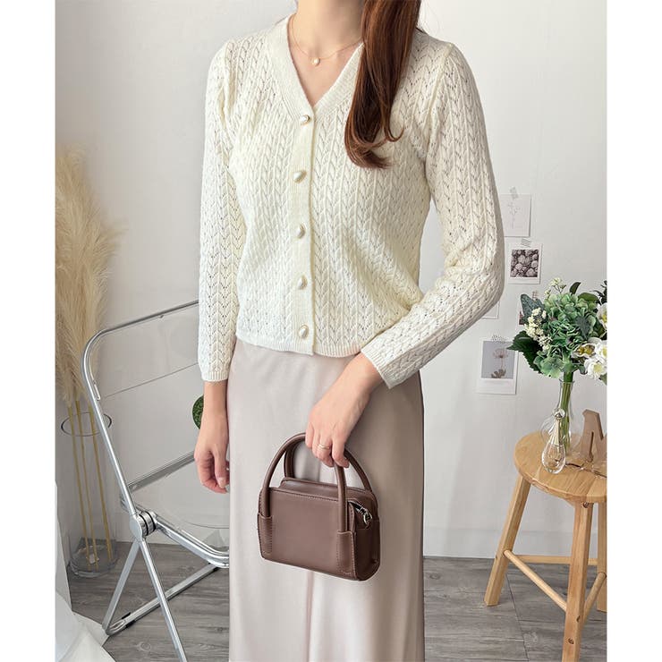 ホワイト | Vネック透かし編みニットカーディガン レディース 長袖 | Amulet