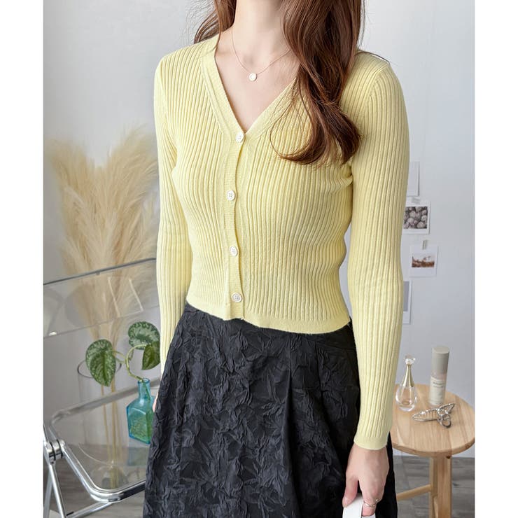イエロー | リブVネックニットカーディガン 長袖 薄手 | Amulet