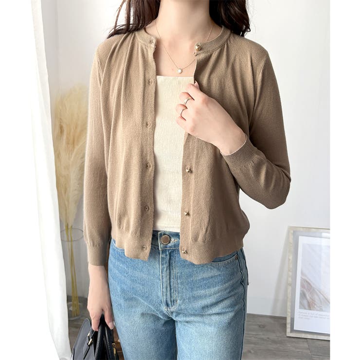 ベージュ | クルーネックニットカーディガン 長袖 レディース | Amulet