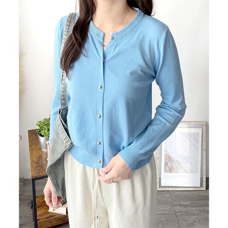 ブルー | クルーネックニットカーディガン 長袖 レディース | Amulet