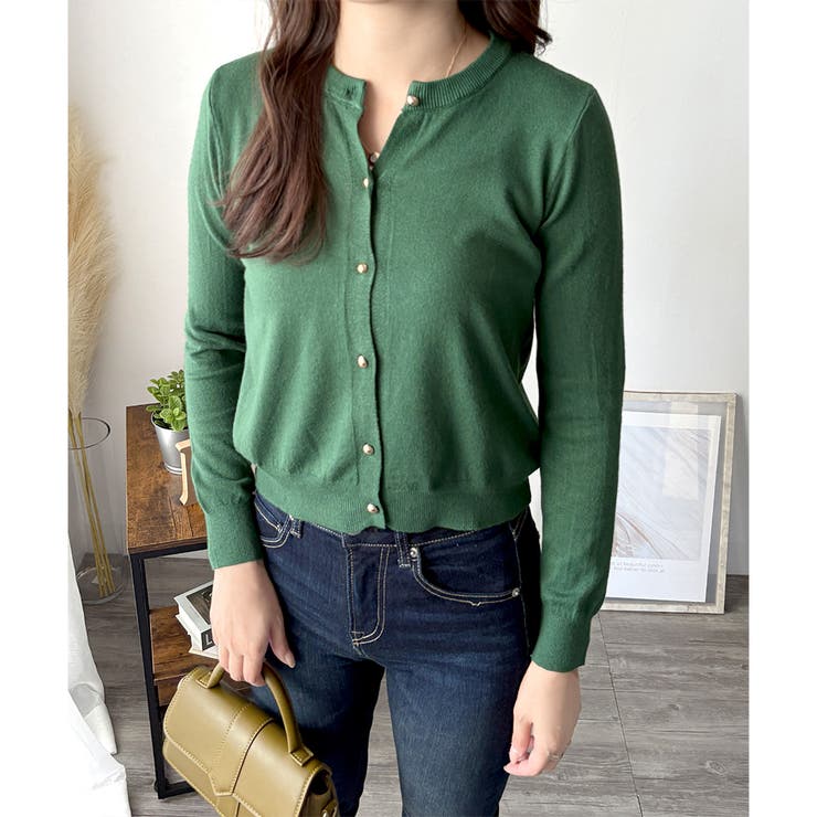 グリーン | クルーネックニットカーディガン 長袖 レディース | Amulet