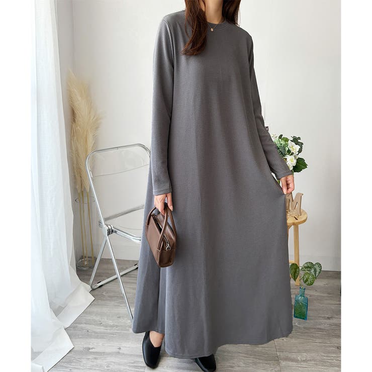 ワッフル風ロングワンピース レディース 長袖 | Amulet | 詳細画像4 