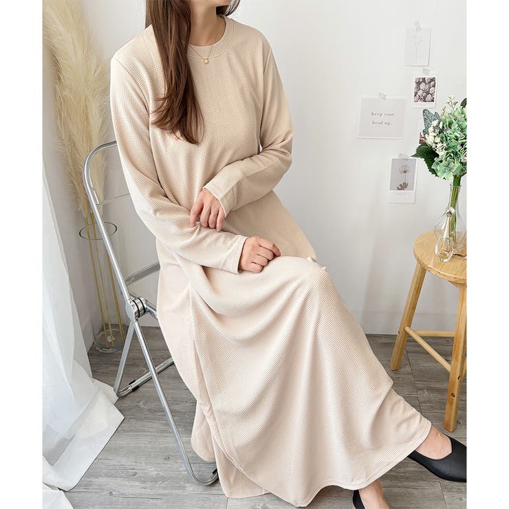 ワッフル風ロングワンピース レディース 長袖 | Amulet | 詳細画像9 