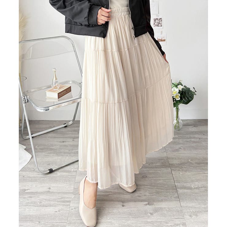 アイボリー | シフォン風プリーツロングスカート レディース ウエストゴム | Amulet