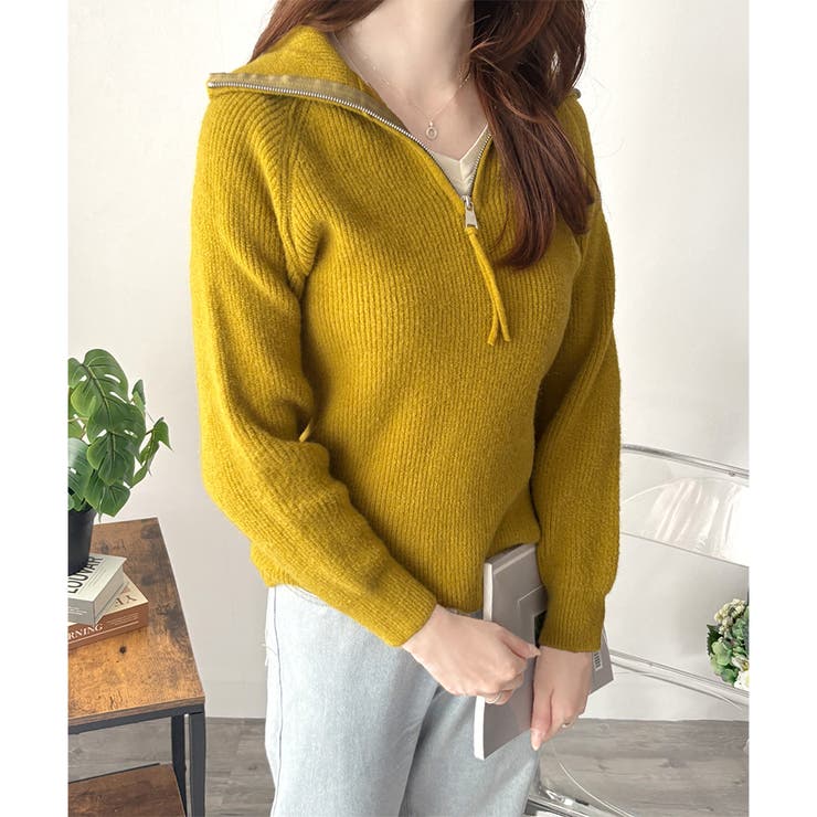 カーキ | ハーフジップハイネックリブニットセーター レディース 秋冬 | Amulet