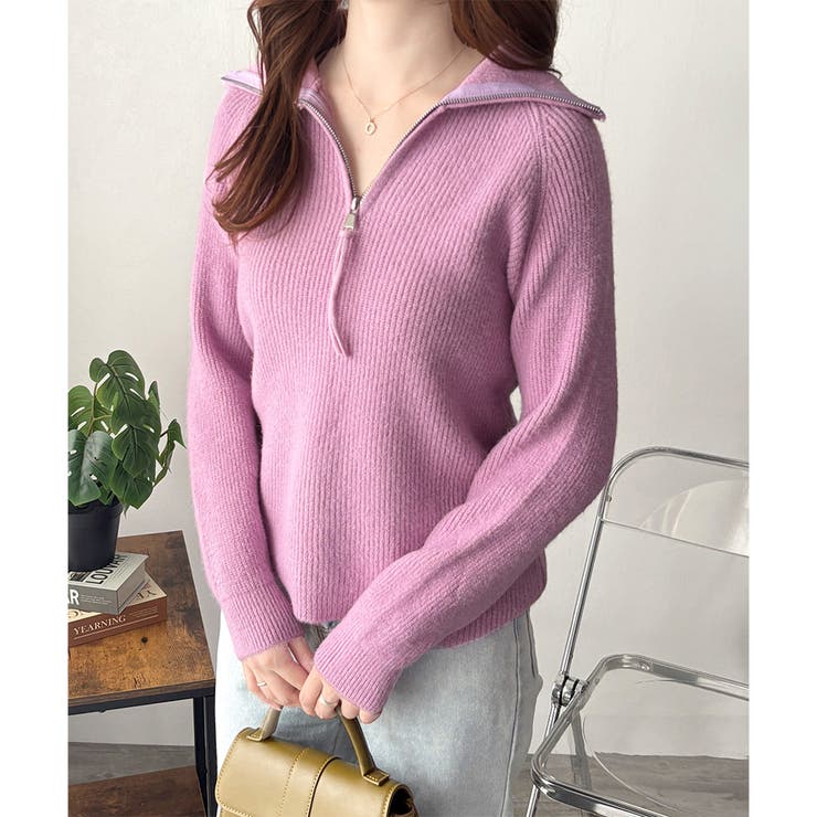 パープル | ハーフジップハイネックリブニットセーター レディース 秋冬 | Amulet