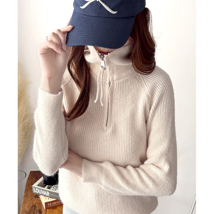 アイボリー | ハーフジップハイネックリブニットセーター レディース 秋冬 | Amulet