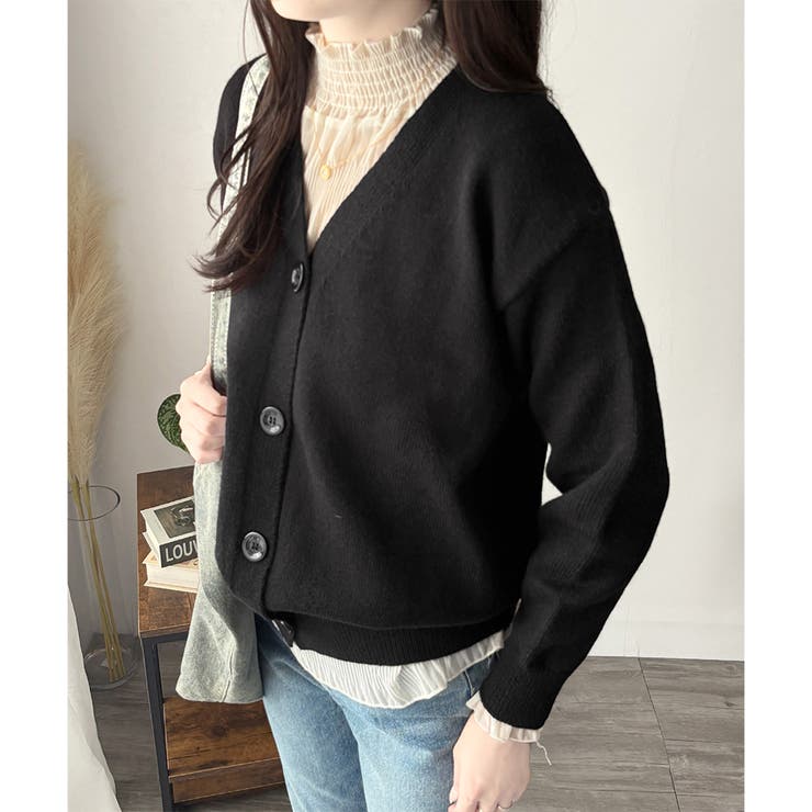 Vネックボタン長袖無地ニットカーディガン レディース 羽織り | Amulet | 詳細画像10 