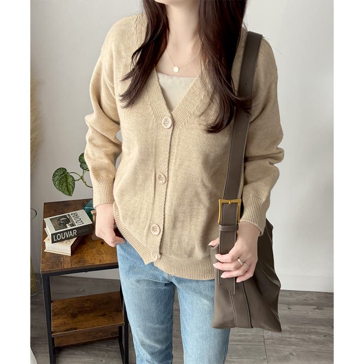 Vネックボタン長袖無地ニットカーディガン レディース 羽織り | Amulet | 詳細画像13 