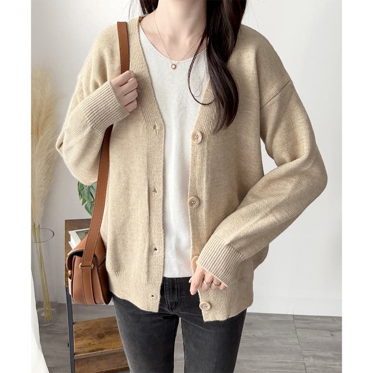 Vネックボタン長袖無地ニットカーディガン レディース 羽織り | Amulet | 詳細画像15 