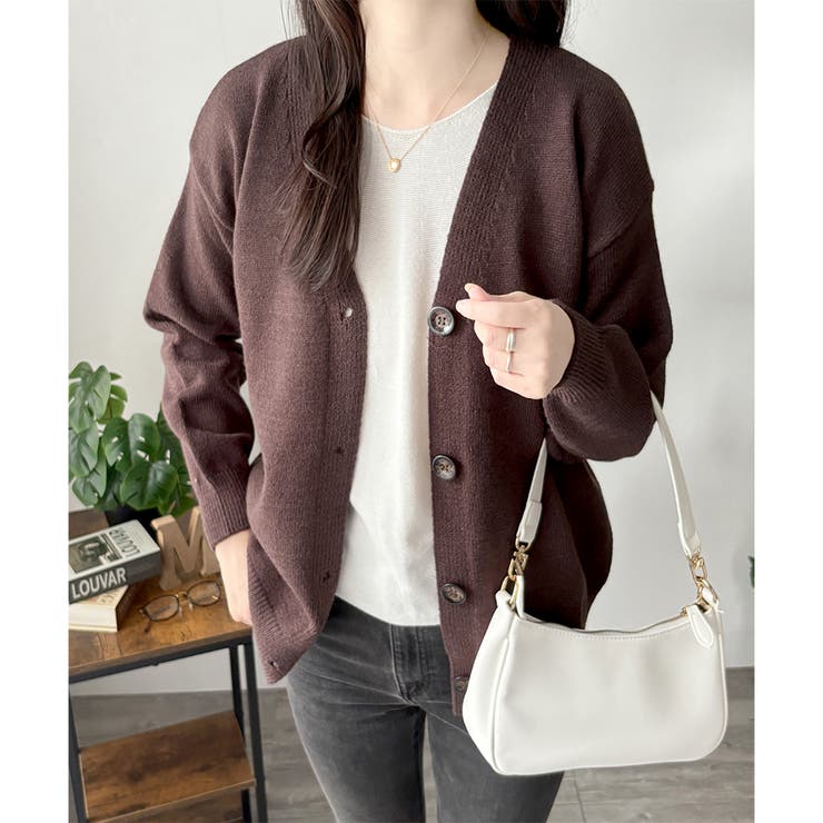 Vネックボタン長袖無地ニットカーディガン レディース 羽織り | Amulet | 詳細画像17 