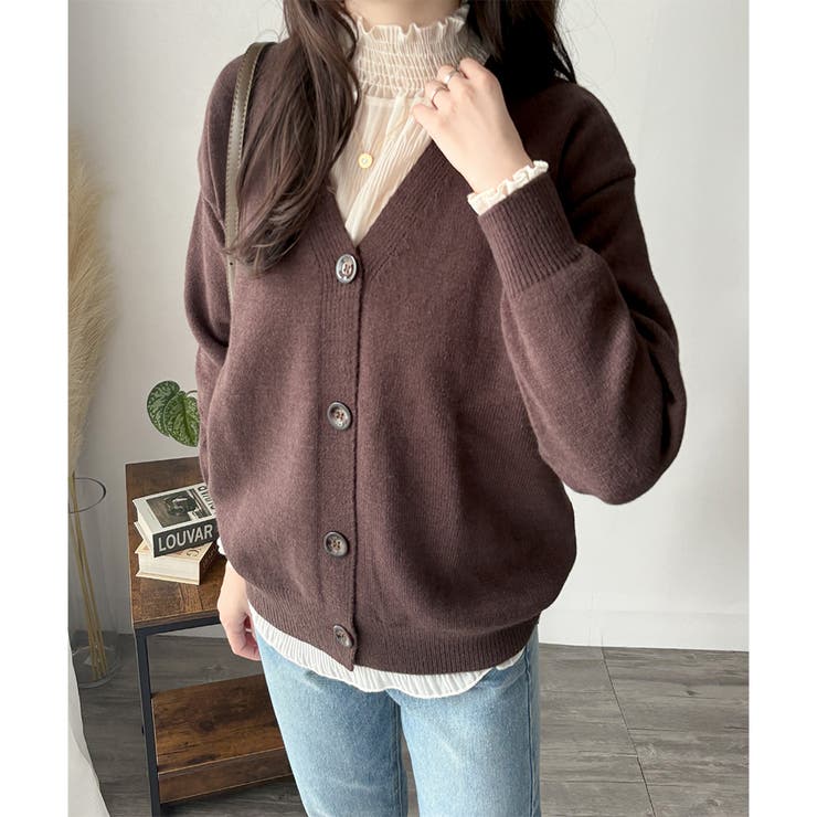 Vネックボタン長袖無地ニットカーディガン レディース 羽織り | Amulet | 詳細画像18 