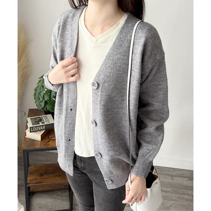 Vネックボタン長袖無地ニットカーディガン レディース 羽織り | Amulet | 詳細画像19 