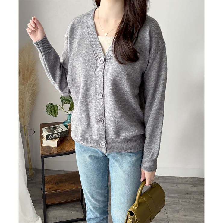 Vネックボタン長袖無地ニットカーディガン レディース 羽織り | Amulet | 詳細画像20 