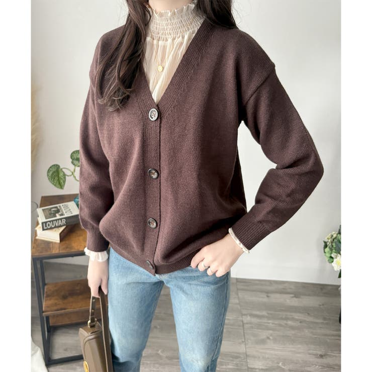 Vネックボタン長袖無地ニットカーディガン レディース 羽織り | Amulet | 詳細画像3 