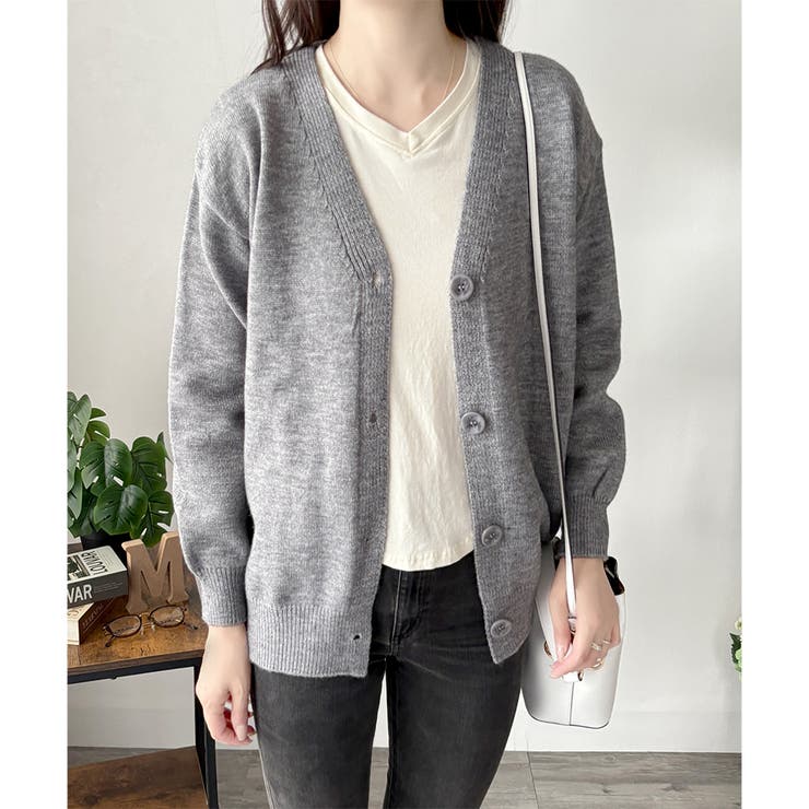 Vネックボタン長袖無地ニットカーディガン レディース 羽織り | Amulet | 詳細画像4 