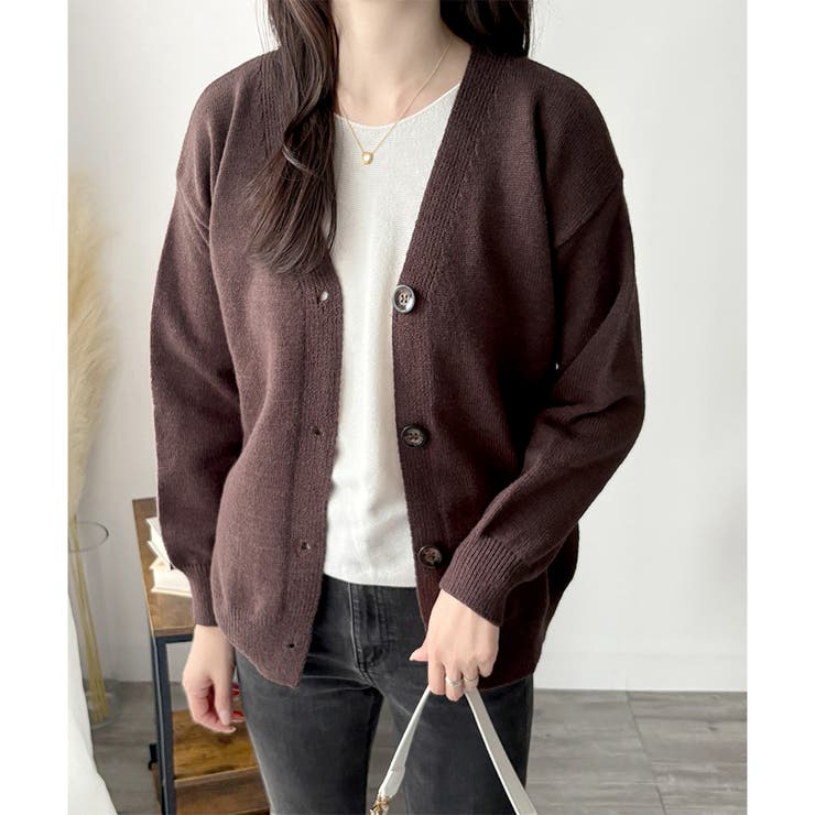 Vネックボタン長袖無地ニットカーディガン レディース 羽織り | Amulet | 詳細画像8 