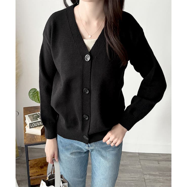 ブラック | Vネックボタン長袖無地ニットカーディガン レディース 羽織り | Amulet