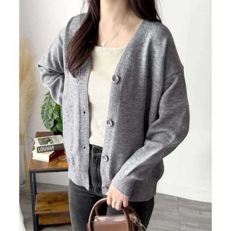 グレー | Vネックボタン長袖無地ニットカーディガン レディース 羽織り | Amulet