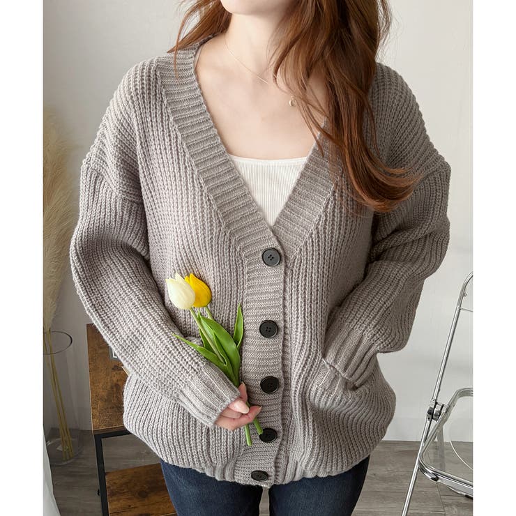 グレー | ざっくり編みVネックボタンニットカーディガン レディース 秋冬 | Amulet