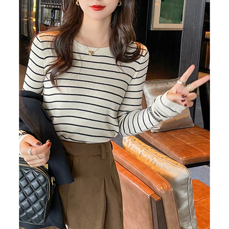 ボーダー柄クルーネック長袖リブニットトップス レディース 春秋 | Amulet | 詳細画像10 