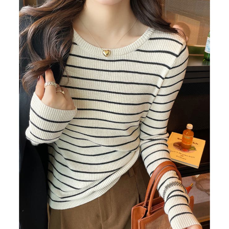 ボーダー柄クルーネック長袖リブニットトップス レディース 春秋 | Amulet | 詳細画像11 