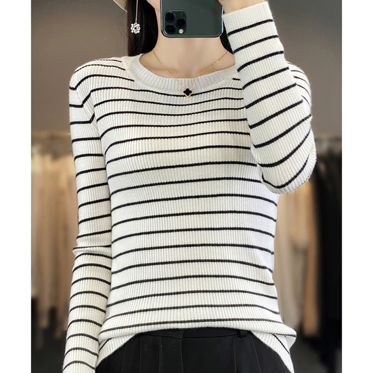 ボーダー柄クルーネック長袖リブニットトップス レディース 春秋 | Amulet | 詳細画像12 