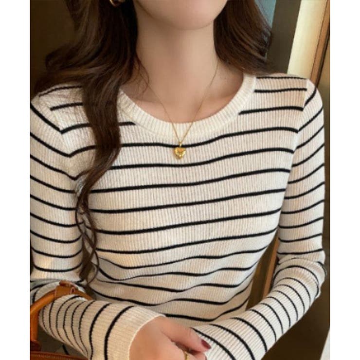 ボーダー柄クルーネック長袖リブニットトップス レディース 春秋 | Amulet | 詳細画像14 