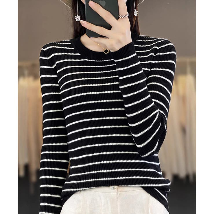 ボーダー柄クルーネック長袖リブニットトップス レディース 春秋 | Amulet | 詳細画像15 