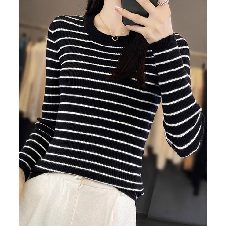 ボーダー柄クルーネック長袖リブニットトップス レディース 春秋 | Amulet | 詳細画像16 