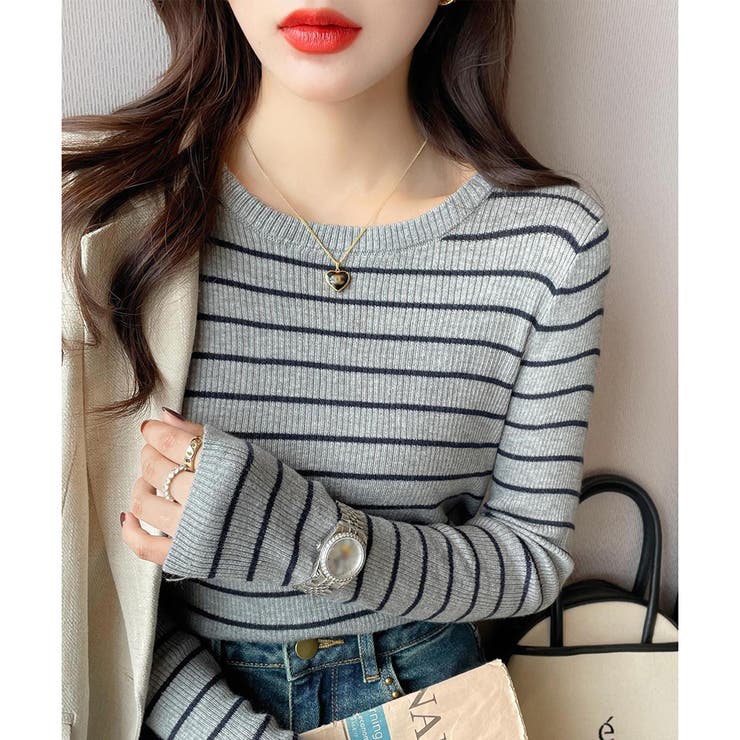 ボーダー柄クルーネック長袖リブニットトップス レディース 春秋 | Amulet | 詳細画像17 