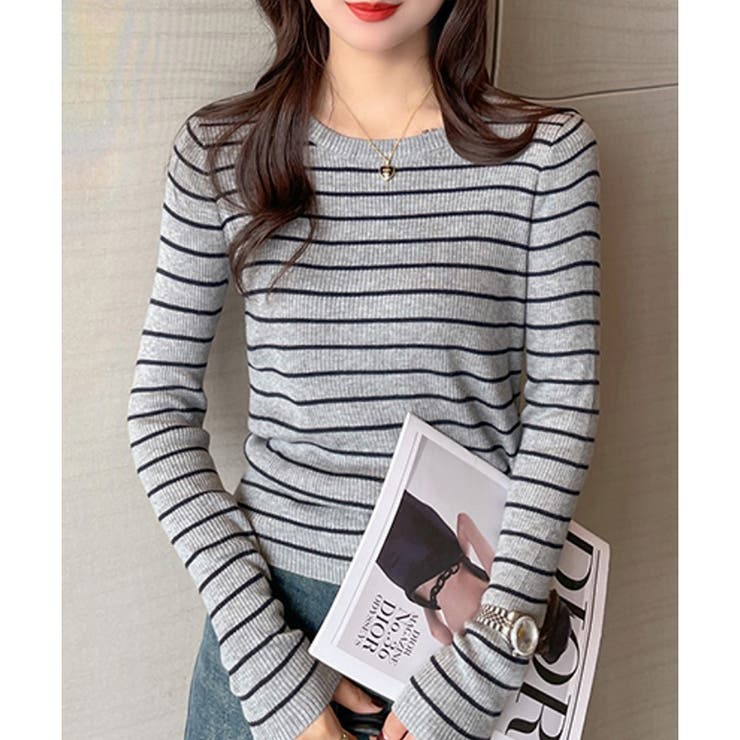 ボーダー柄クルーネック長袖リブニットトップス レディース 春秋 | Amulet | 詳細画像19 