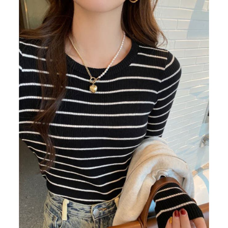 ボーダー柄クルーネック長袖リブニットトップス レディース 春秋 | Amulet | 詳細画像3 