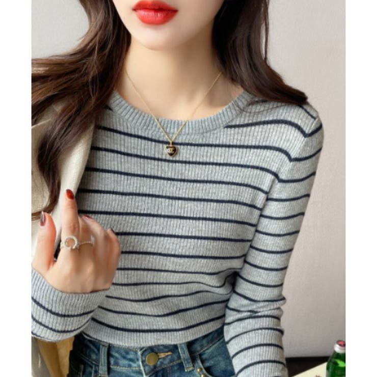 ボーダー柄クルーネック長袖リブニットトップス レディース 春秋 | Amulet | 詳細画像4 