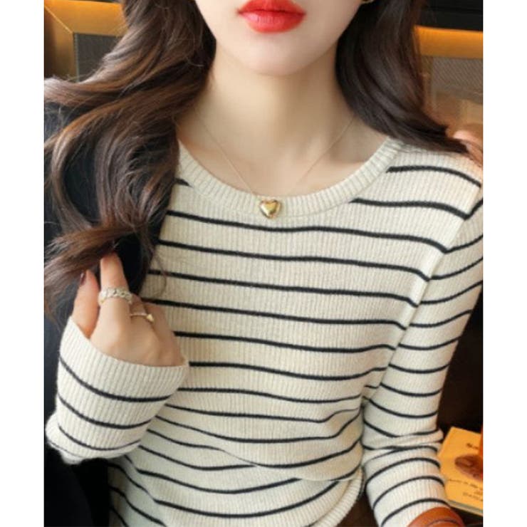 ボーダー柄クルーネック長袖リブニットトップス レディース 春秋 | Amulet | 詳細画像6 