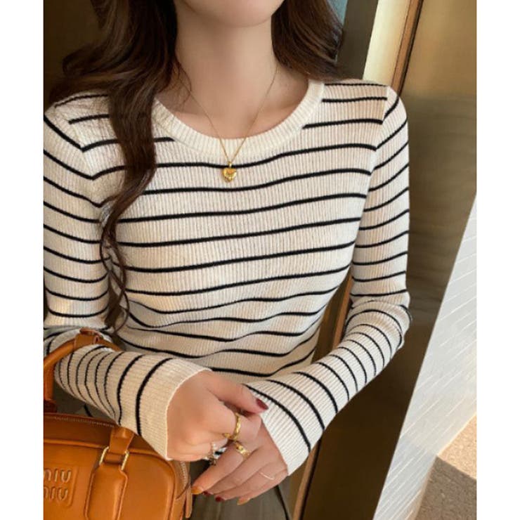 ボーダー柄クルーネック長袖リブニットトップス レディース 春秋 | Amulet | 詳細画像9 