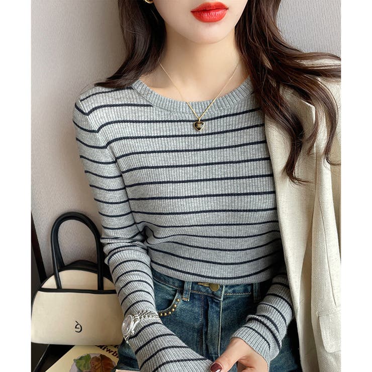 グレー | ボーダー柄クルーネック長袖リブニットトップス レディース 春秋 | Amulet