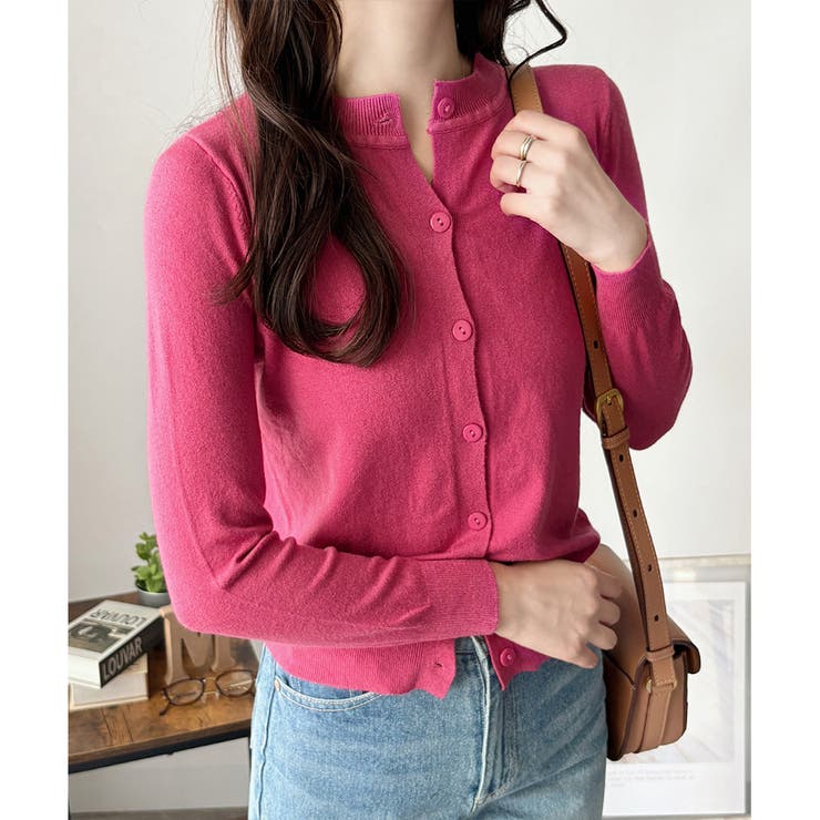 クルーネックボタン長袖ニットカーディガン きれいめ 無地 | Amulet | 詳細画像8 