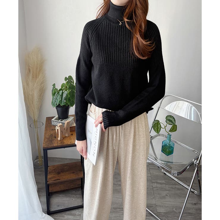 ハイネックリブ切替長袖ニットセーター 大人カジュアル 秋冬 | Amulet | 詳細画像18 