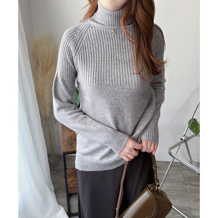 ハイネックリブ切替長袖ニットセーター 大人カジュアル 秋冬 | Amulet | 詳細画像4 