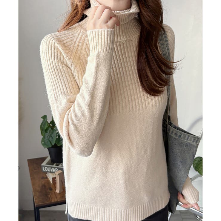 ハイネックリブ切替長袖ニットセーター 大人カジュアル 秋冬 | Amulet | 詳細画像6 