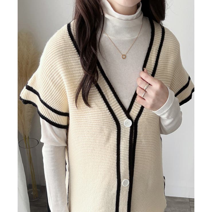 配色ラインVネックボタンニットベスト きれいめ レディース | Amulet | 詳細画像12 