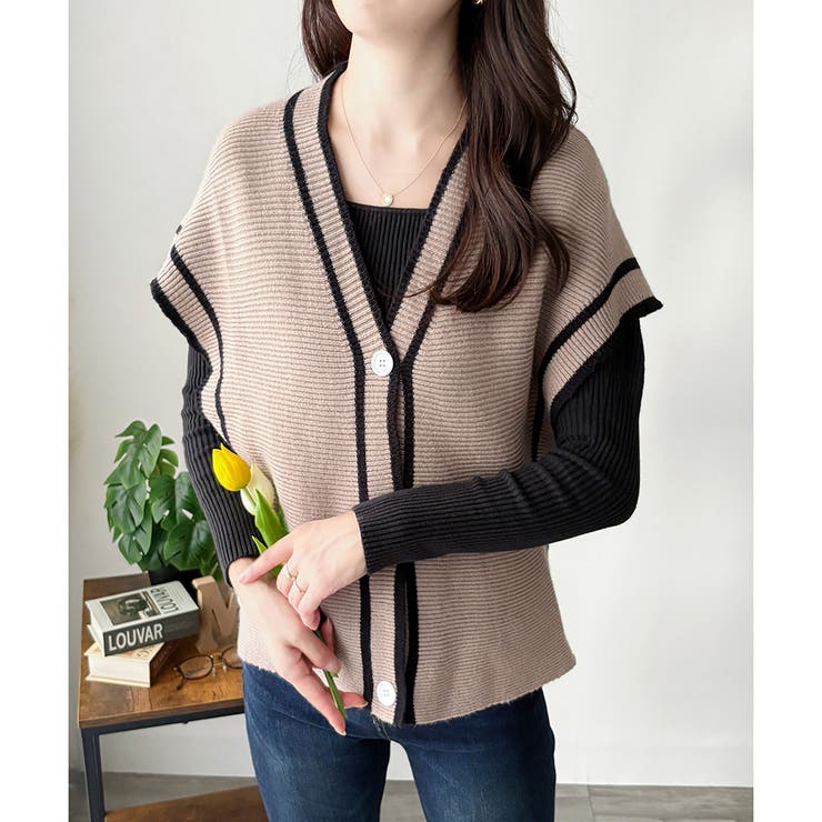 配色ラインVネックボタンニットベスト きれいめ レディース | Amulet | 詳細画像14 