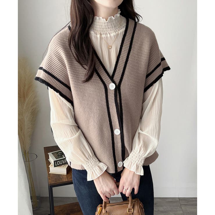 配色ラインVネックボタンニットベスト きれいめ レディース | Amulet | 詳細画像16 